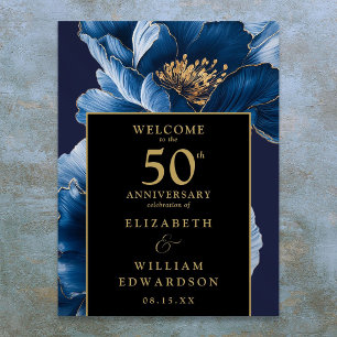 Poster Sinal de Aniversário de 50 Anos Azul Floral Preto