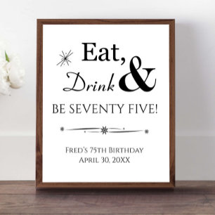 Poster Sinal de Aniversário de 75 Anos Retro Comer Beber
