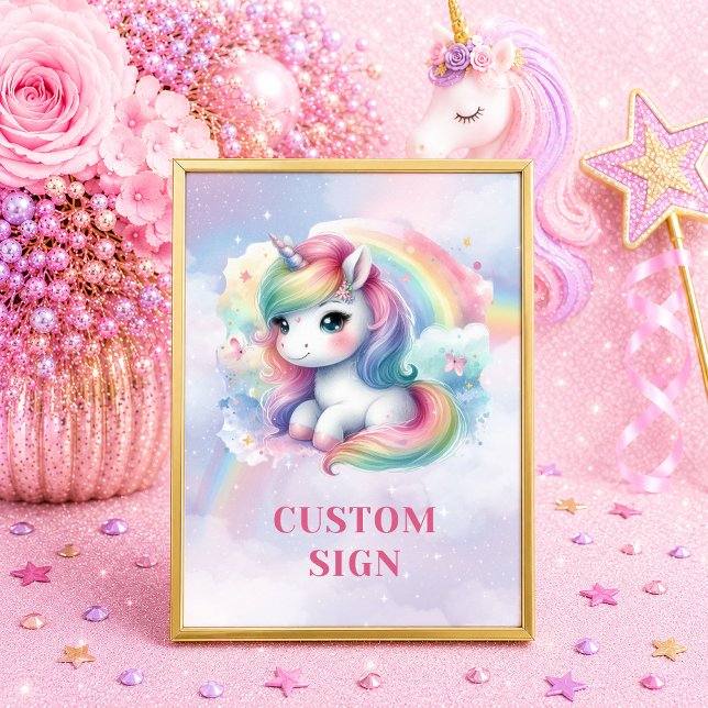 Poster Sinal de Aniversário de Menina Cores Pastel Unicór (Sparkly Unicorn Pastel Colors Girl Birthday Sign)