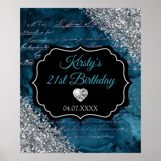 Poster Sinal de Aniversário do Teal Mermaid Silver Glitte (Frente)