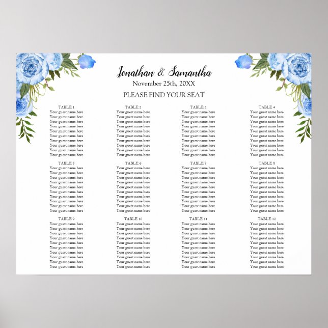 Poster Sinal de assento de casamento com gráfico de assen (Frente)