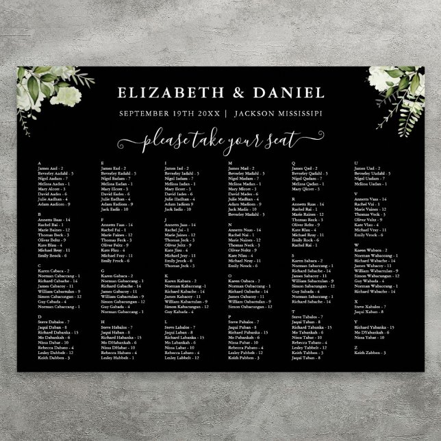 Poster Sinal de assento de casamento com vegetação com 20 (200 Names Greenery Wedding Seating Chart Sign)