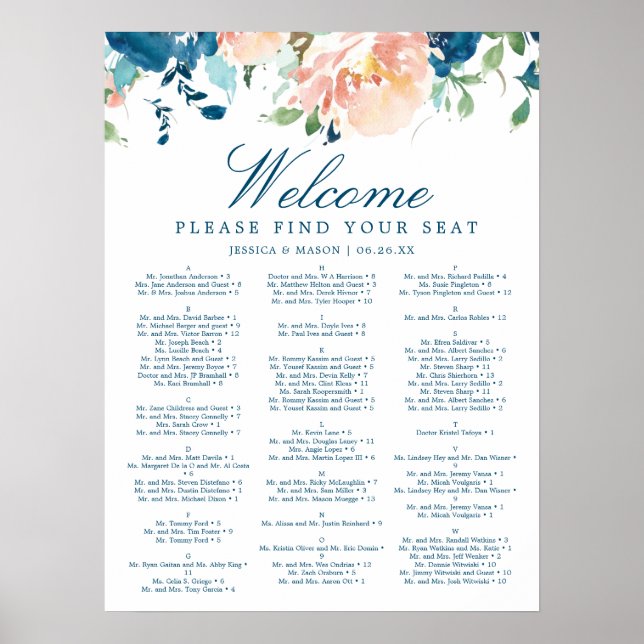 Poster Sinal de Assento de Casamento Floral Midnight Bloo (Frente)