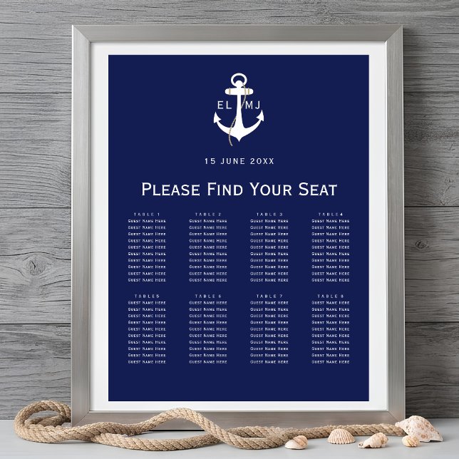 Poster Sinal de Assento de Casamento Náutico da Marinha (Navy Nautical Wedding Seating Chart Sign)
