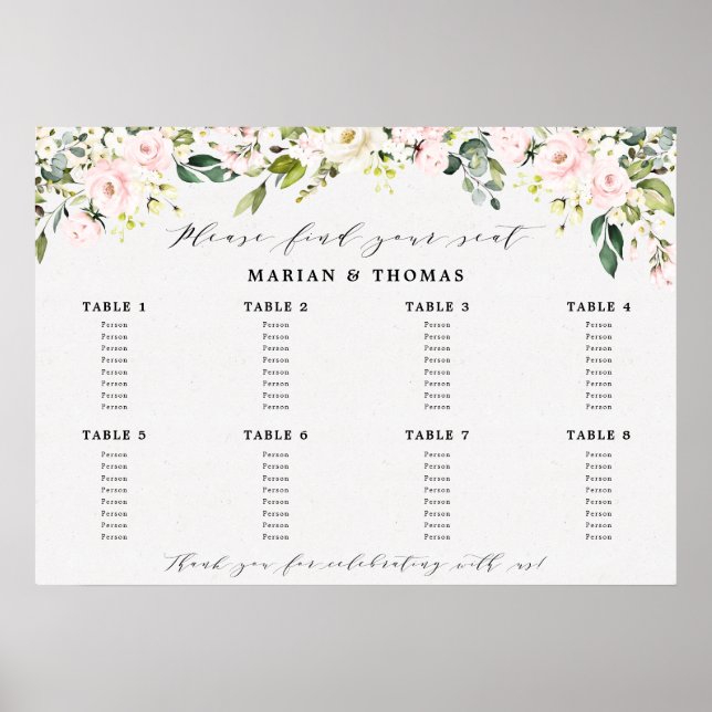 Poster Sinal de Assento Floral Blush Eucalipto Casamento (Frente)