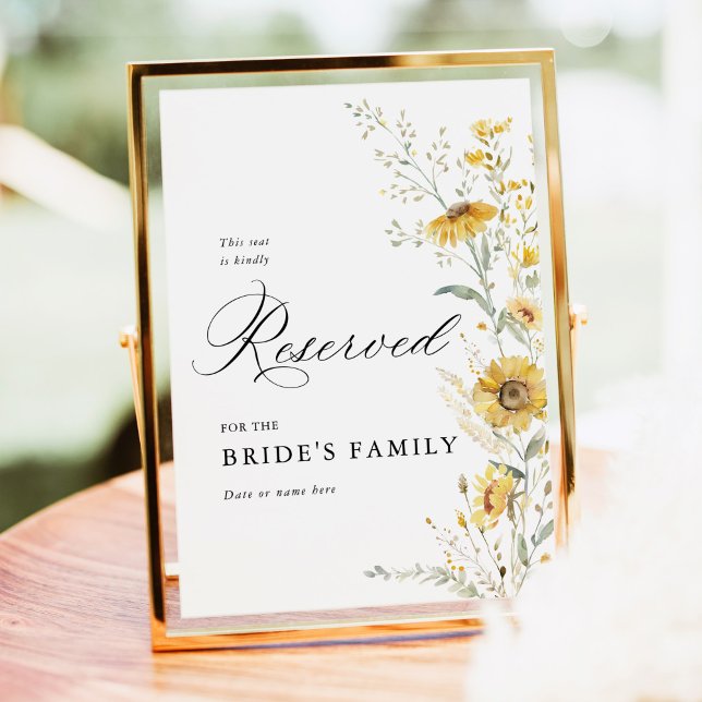 Poster Sinal de Assento Reservado de Girassol Flor Selvag (Yellow wildflower sunflower wedding reserved seating sign yellow floral wedding signage table decor)