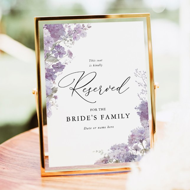 Poster Sinal de Assento Reservado Floral Lavanda para Cas (Lavender floral reserved seat wedding sign watercolor purple lilac ceremony reserved seating sign)