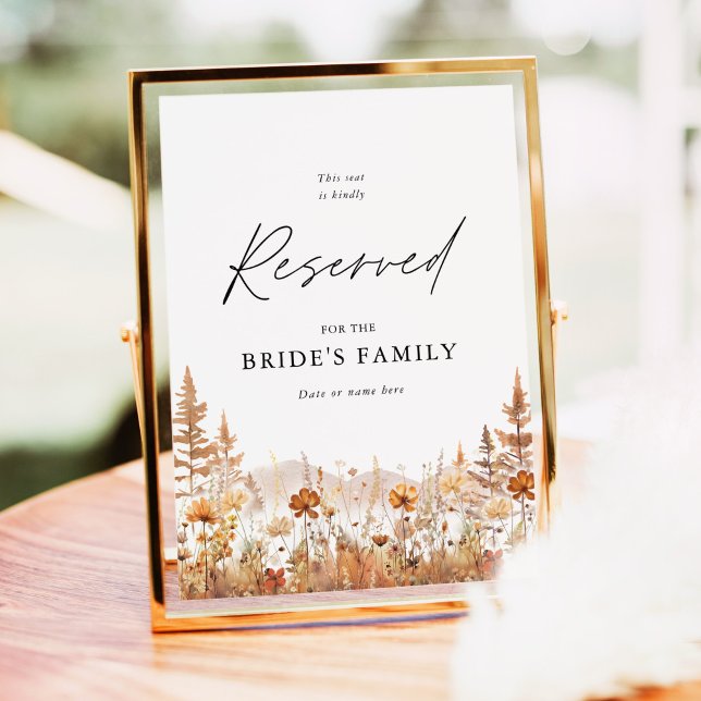 Poster Sinal de Assento Reservado Montanha de Flores de T (Terracotta wildflower mountain reserved wedding sign with elegant script for bride’s family seating)