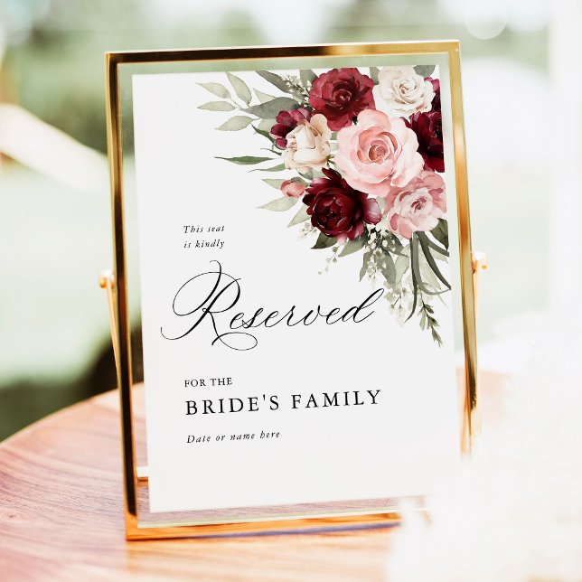 Poster Sinal de Assento Reservado Rosa Bege Floral Borgon (Burgundy blush pink reserved seating sign wedding floral sign elegant outdoor ceremony decor)