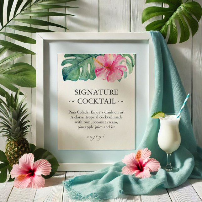 Poster Sinal de Assinatura de Casamento Tropical Cocktail (Wedding bar signs tropical pink hibiscus flower art by Victoria Grigaliunas of Do Tell A Belle)