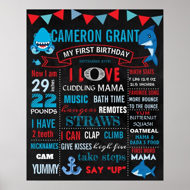Poster Sinal de aviso de aniversário do tubarão para um m (Frente)