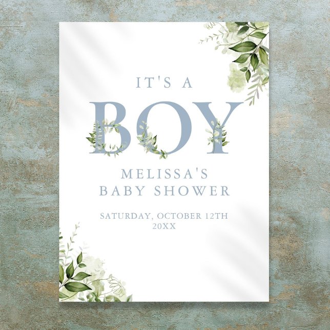 Poster Sinal de Baby Shower Azul Menino (Its A Boy Greenery Blue Baby Shower Sign)