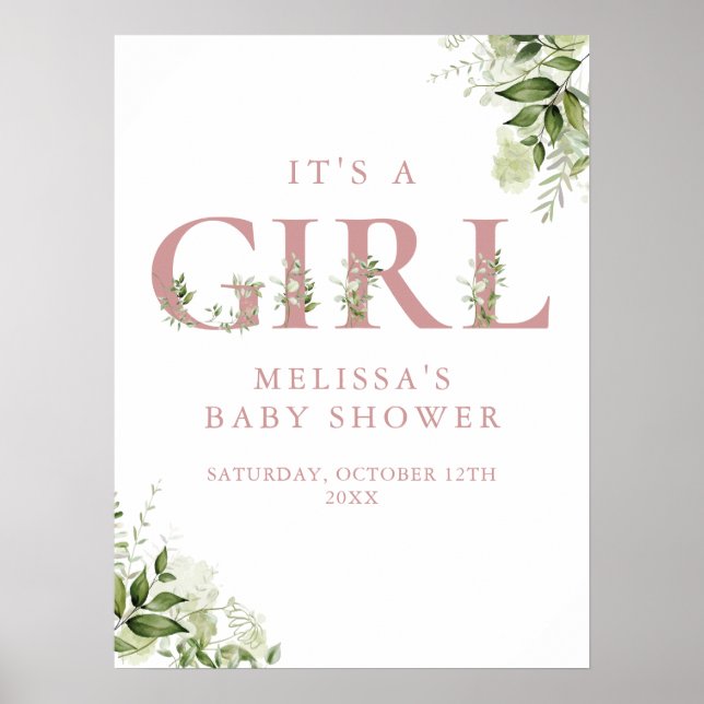 Poster Sinal de Baby Shower Menina Verde Rosa (Frente)