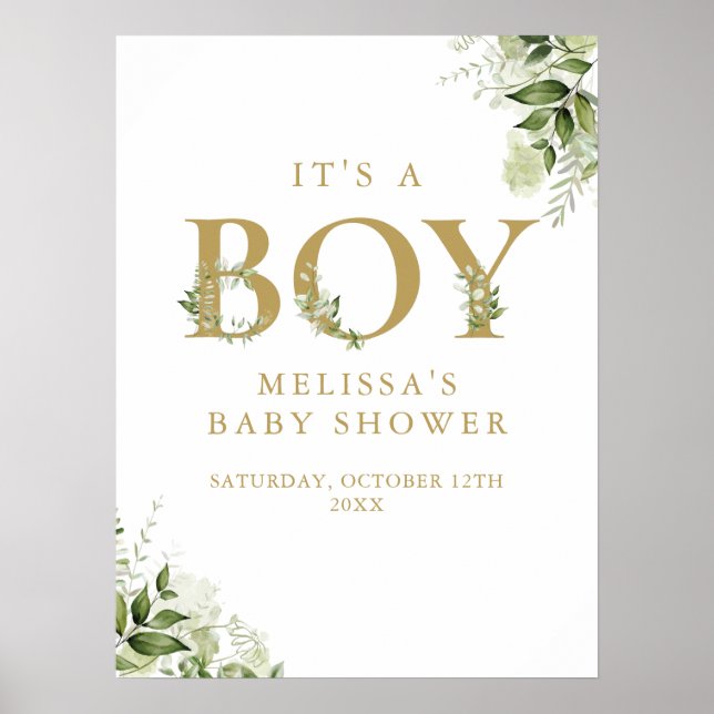 Poster Sinal de Baby Shower Menino Verde Dourado (Frente)