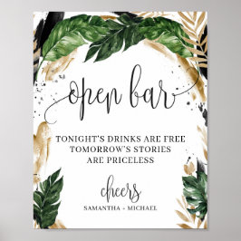 Poster Sinal de bar aberto com folhas tropicais verdejant