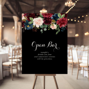 Poster Sinal de Bar Aberto de Casamento Botânico Negro Ru