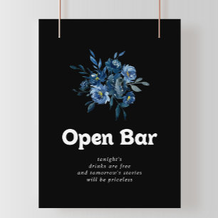 Poster Sinal de Bar Aberto de Casamento Floral Azul Marin
