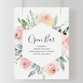 Poster Sinal de Bar Aberto de Casamento Floral de Blush R