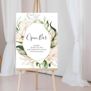 Poster Sinal de Bar Aberto de Casamento Floral de Folhage
