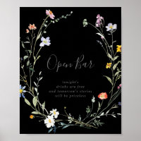 Sinal de Bar Aberto de Casamento Preto Floral Mult