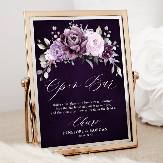 Poster Sinal de Bar Aberto de Casamento Púrpura Dusty (Shades of dusty purple blooms floral open bar sign)