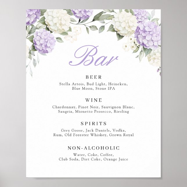 Poster Sinal de Bar de Casamento com Hortênsia Roxa Flora (Frente)