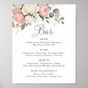 Poster Sinal de Bar de Casamento com Vegetação Rosa Flora