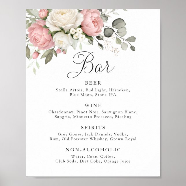 Poster Sinal de Bar de Casamento com Vegetação Rosa Flora (Frente)