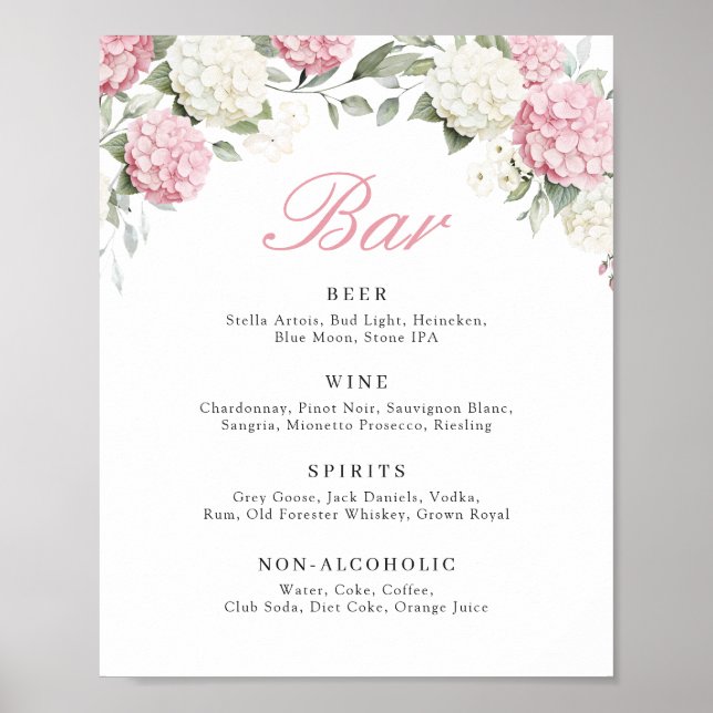 Poster Sinal de Bar de Casamento com Verde e Hortênsia Ro (Frente)