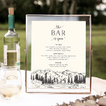 Pôster Sinal de Bar de Casamento do Esquema de Montanha<br><div class="desc">Convide os convidados a agarrar a sua libação favorita com a nossa encantadora placa de cardápio de bar de casamento. A placa de bar 11x14 apresenta uma borda inferior de picos de montanha, pinheiros e um rio fluindo em estilo esboçado manualmente, com "o bar está aberto" em marrom-escuro como plummy....</div>