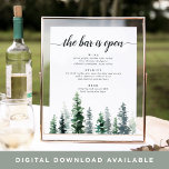 Poster Sinal de Bar de Casamento em Grove de Madeira<br><div class="desc">Convide os convidados a pegar uma libação favorita do bar com o nosso carinhoso cartaz de cardápio de bar de casamento. O poster 11x14 apresenta uma borda inferior de pinheiros com aquarela em tons ricos de caçador e verde florestal, com "o bar está aberto" em scripts de caligrafia fora do...</div>