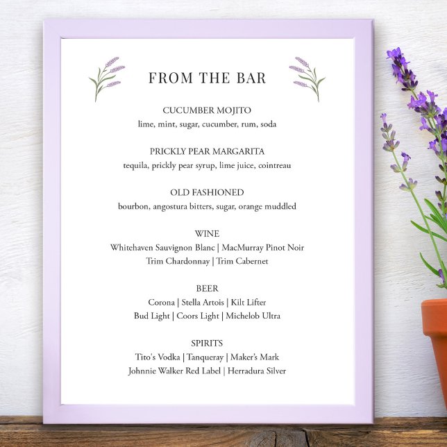 Poster Sinal de Bar de Casamento Floral da lavanda (Lavender Floral Wedding Bar Sign by Fiesta Valley Print)