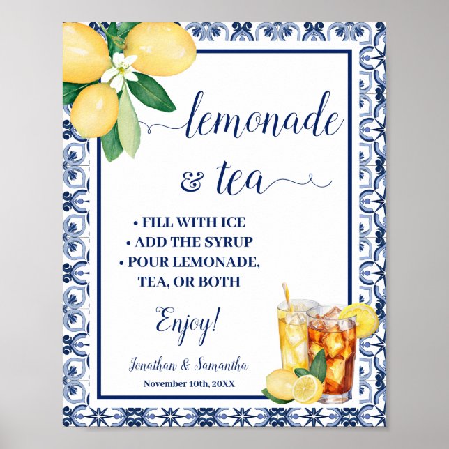 Poster Sinal de Bar de Limonada e Chá Azul Mediterrâneo (Frente)