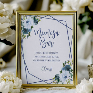 Poster Sinal de Bar de Mimosa Floral Aquarela Azul Empoei