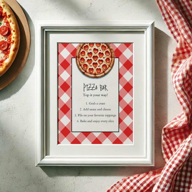 Poster Sinal de Bar de pizza (Pizza bar sign red gingham and pepperoni pizza by Do Tell A Belle.)