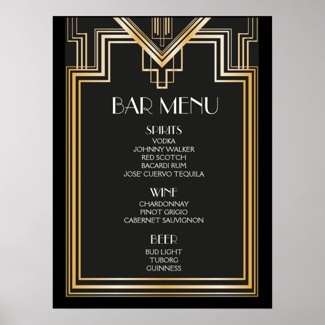 Pôster sinal de BAR MENU | Casamento inspirado em Great G (Frente)