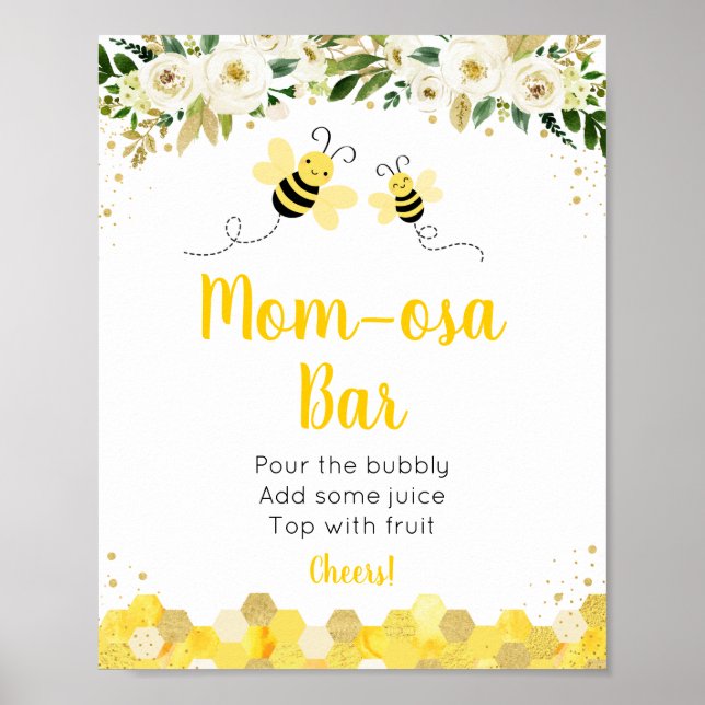 Poster Sinal de Bar Mimosa, Chá de fraldas Floral Dourado (Frente)