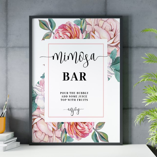 Poster Sinal de Bar Mimosa, Chá de panela Floral Rosa (Criador carregado)