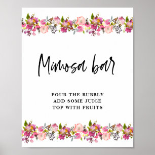 Poster Sinal de Bar Mimosa de Casamento Floral Rosa