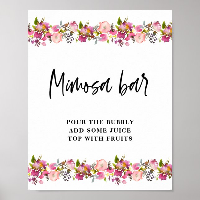 Poster Sinal de Bar Mimosa de Casamento Floral Rosa (Frente)