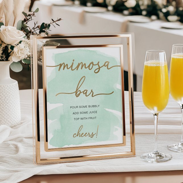 Poster Sinal de Bar Mimosa Dourado Mint Green Watercolor (Criador carregado)