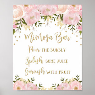 Poster Sinal de Bar Mimosa Rosa Bege Dourado Floral Casam