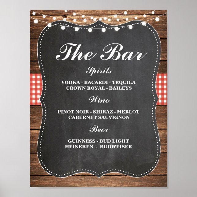 Poster Sinal de Bar Recepção de Casamento Rustic Giz Verm (Frente)