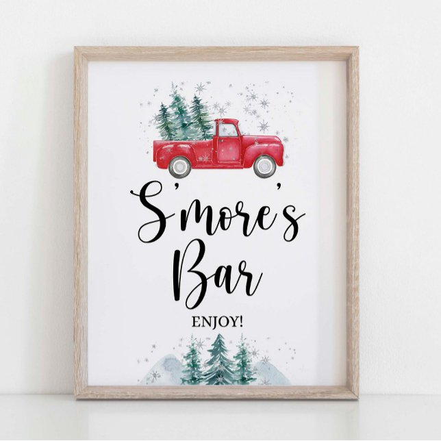 Poster Sinal de Bar S'Mores Vermelho Árvore de Natal de i (S'mores Bar Party Sign, Winter Red Christmas Tree Truck Theme)