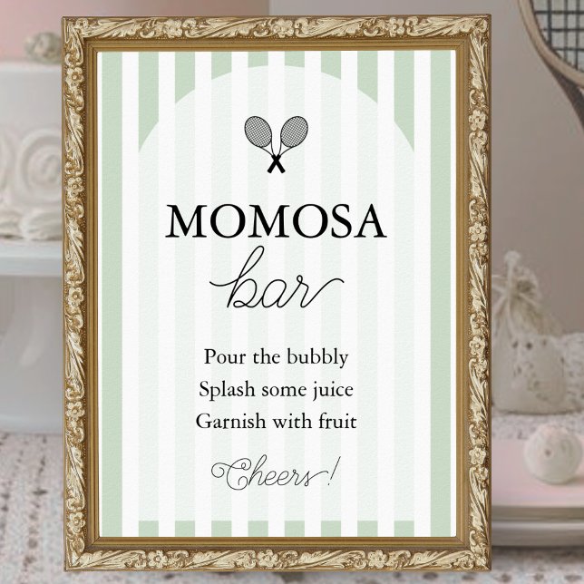 Poster Sinal de Bar Tênis Básico (elegant green and white striped momosa bar baby shower sign displayed in gold frame with arch design)
