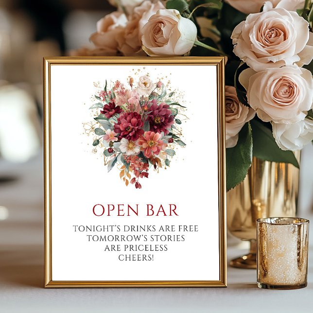 Poster Sinal de barra aberta de outono de eucalipto da Bo (Refined Burgundy Eucalyptus Fall Open Bar Sign

)