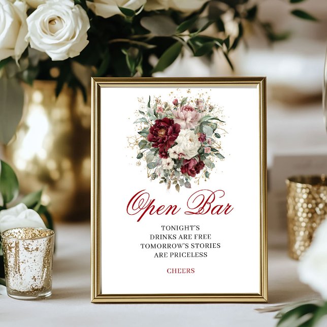 Poster Sinal de Barra Aberta Floral Burgundy Chic Blush (Chic Blush Burgundy Floral Open Bar Sign)