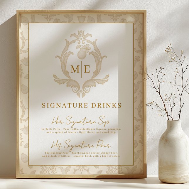 Poster Sinal de barra de bebidas com assinatura de pêra p (Signature Drinks Party Sign)