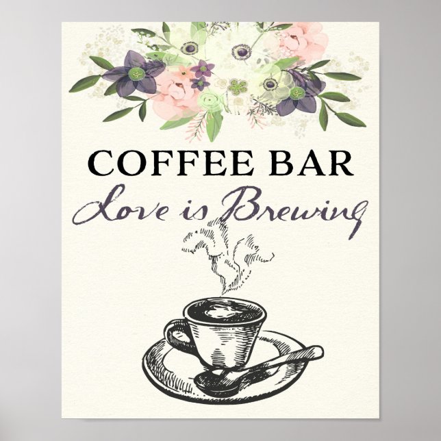 Poster Sinal de barra de café floral em aquarela para cas (Frente)