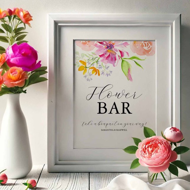 Poster Sinal de Barra de Flores para Chá de Noiva Love Is (Love is in bloom flower bar sign design with pink, orange and purple watercolor by Do Tell A Belle)